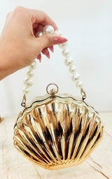 Seashell  Gold  Acrylic Pearl Strap Clutch Bag