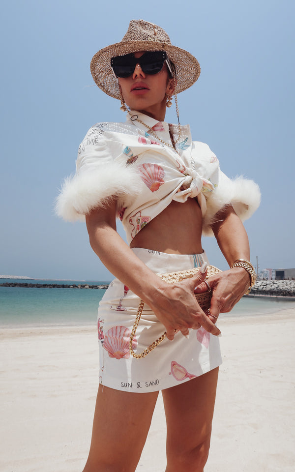 Baddie in the bay Sea Shell Print Boxy Blouse Skirt Set with Feather Trimmed Sleeves