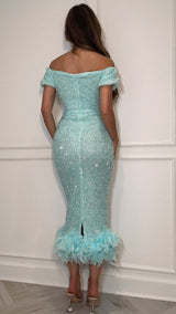 Aqua Sequin Bardot Style Feather Trim Midi Dress