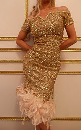 Baroque Nights Feathered Hem Square Neck Embellished Sequin Midi Dress Gold