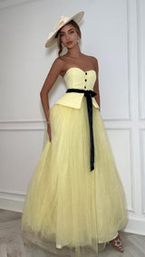 Yellow Tulle Strapless Waistcoat Design Black Tie Belt Maxi Dress