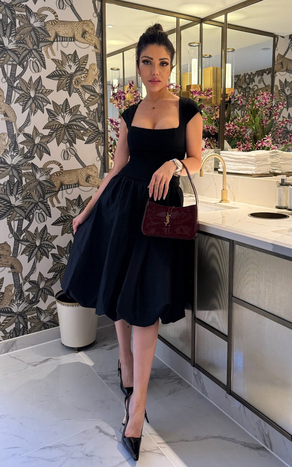 Black square neckline midi dress with bubble hem, elegant evening wear