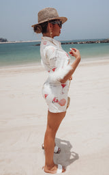 Baddie in the bay Sea Shell Print Boxy Blouse Skirt Set with Feather Trimmed Sleeves