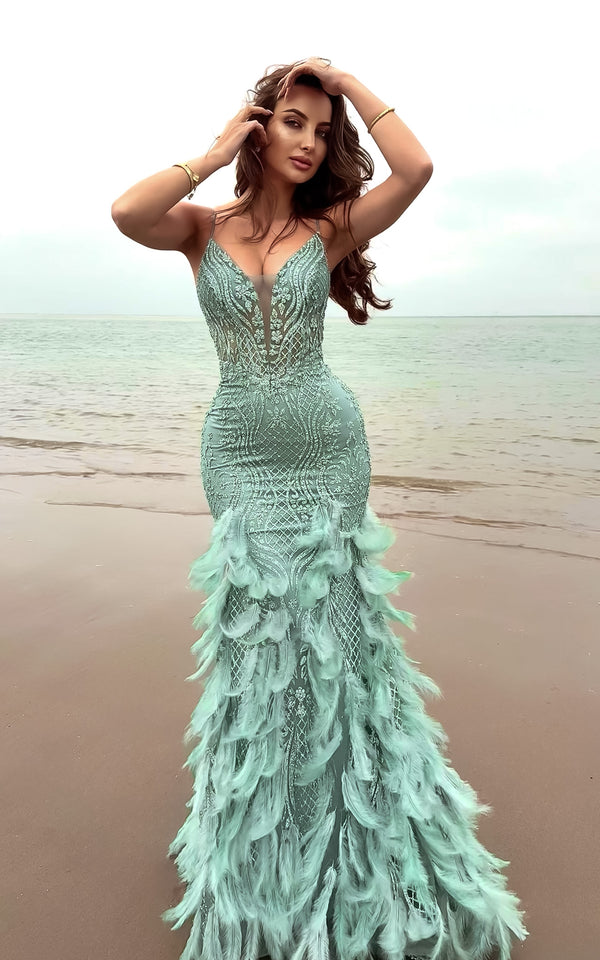 Ocean Queen Teal Sequin Embellished Feather Detail Corset Maxi Mermaid Dress PRE ORDER