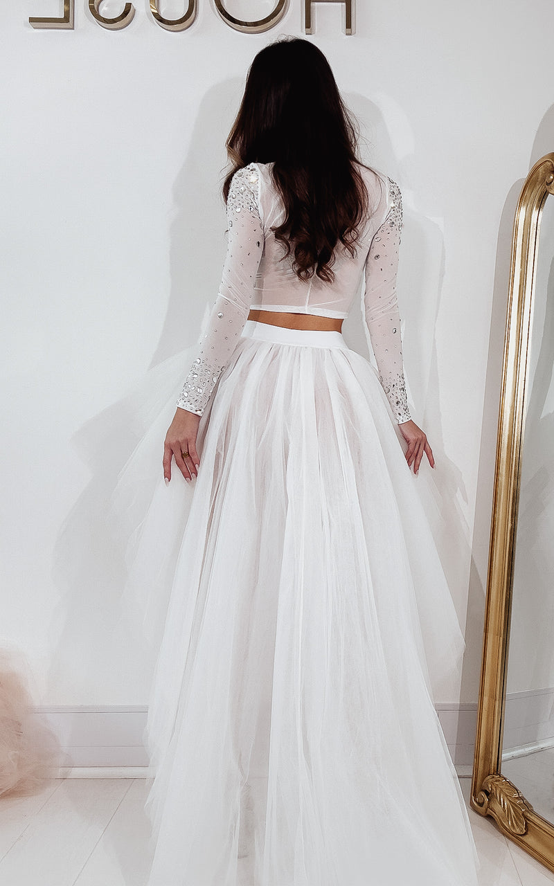 White Crystal Embellished High Neck Long Sleeve Top & Tulle Layered Skirt Co-ord Set