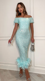Aqua Sequin Bardot Style Feather Trim Midi Dress