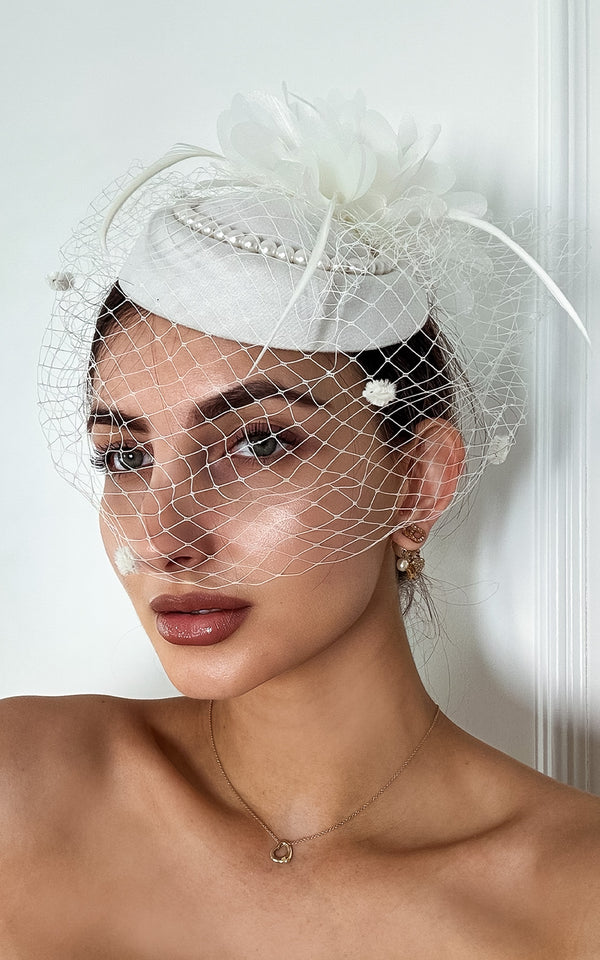 Victoria White Flower & Pearl Detail with Netting Hat Fascinator