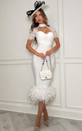 White Bandage Figure Enhancing Sweetheart Neckline Short Lace Sleeves Choker Design Midi Dress