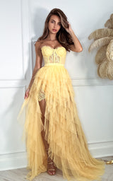 Encanto Yellow Custard Lace Bustier High Low Layered Skirt Hem Party Dress