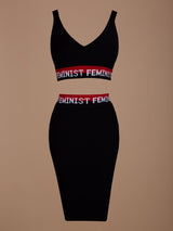 FEMINIST BLACK KNIT TOP & SKIRT SET - HOUSE OF MAGUIE     