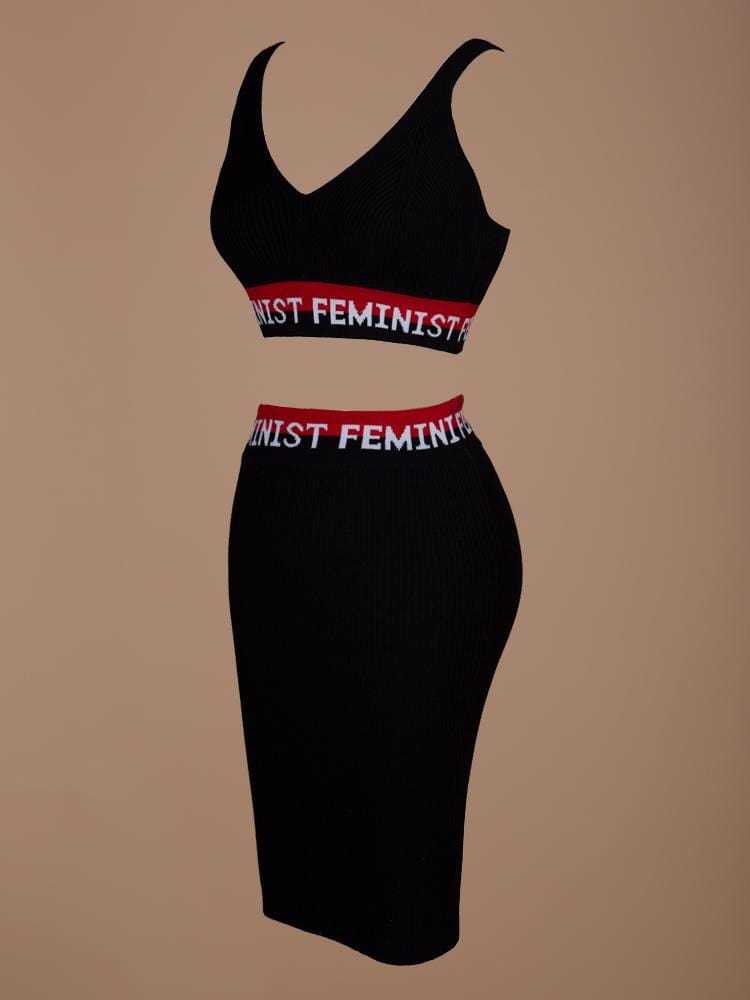 FEMINIST BLACK KNIT TOP & SKIRT SET - HOUSE OF MAGUIE     