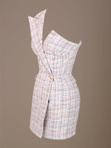 VALENTINA PALE PINK ASYMMETRIC ONE SHOULDER TUXEDO TWEED DRESS - HOUSE OF MAGUIE     