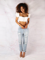 DULCE MARIA WHITE GOLD HOOKS PUFF SLEEVES CROPPED TOP - HOUSE OF MAGUIE     