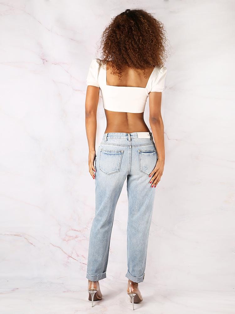 DULCE MARIA WHITE GOLD HOOKS PUFF SLEEVES CROPPED TOP - HOUSE OF MAGUIE     