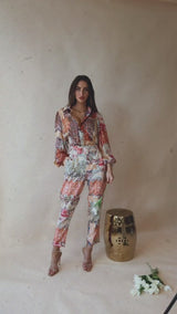 Masala Paisley Flower Design Long Lantern Sleeves Shirt & Cigarette Belted Trouser Set