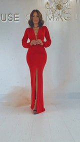 Forever Classy Red Deep V Ruched Middle Slit Cocktail Party Prom Dress