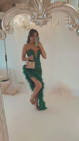 Let's Fiesta Emerald Green Asymmetrical Skirt Trimmed With Feathers Corset Sequins Maxi Dress