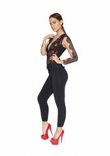 DONATELLA BLACK SHEER MESH  EMBROIDERY DEEP PLUNGE TOP - HOUSE OF MAGUIE     