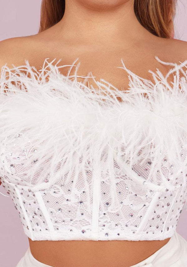 Anja White Ostrich Feathers Structured Bustier Top