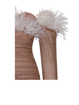 Glamorize It Skin Tan Mesh Crystal Dress with White Feather Trim