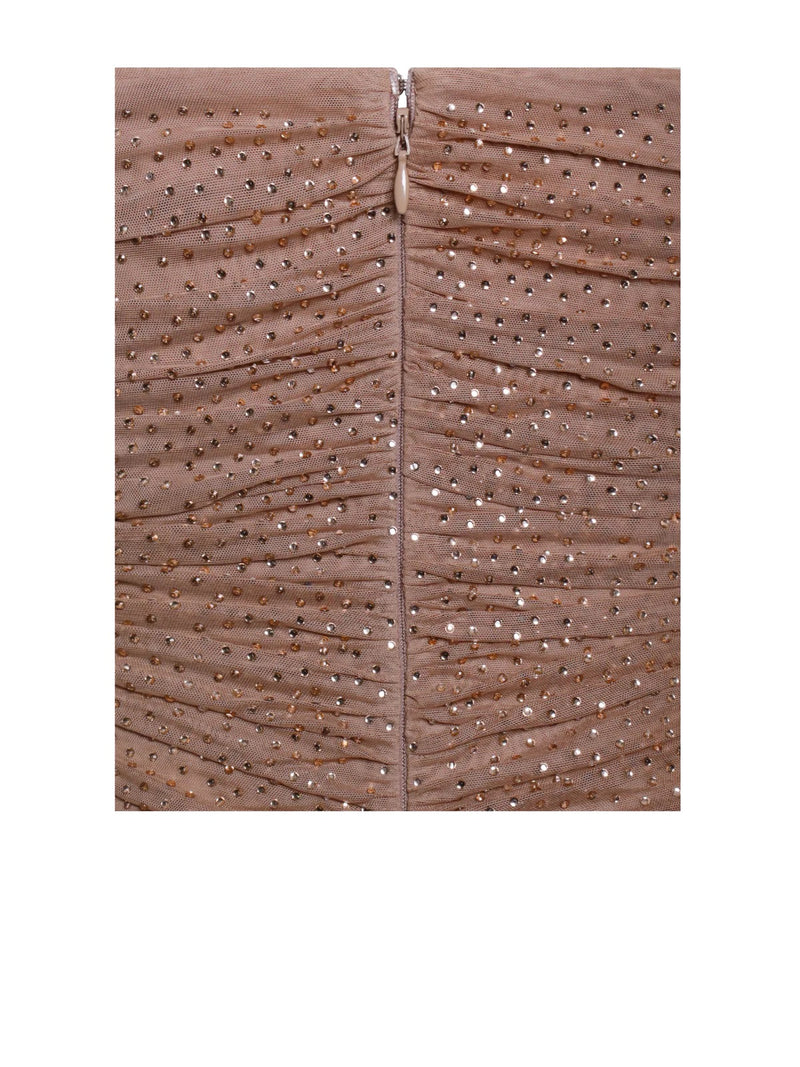 Glamorize It Skin Tan Mesh Crystal Dress with White Feather Trim
