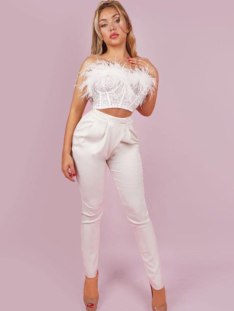 Anja White Ostrich Feathers Structured Bustier Top