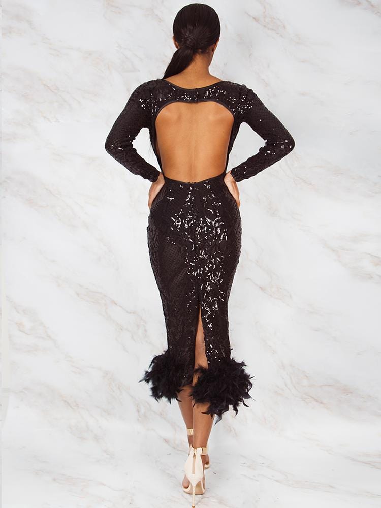 CONSTANZA SEASON II BLACK NOIR EMBROIDERY SEQUINS OPEN BACK FEATHER HEM MIDI DRESS LIMITED EDIT - HOUSE OF MAGUIE     