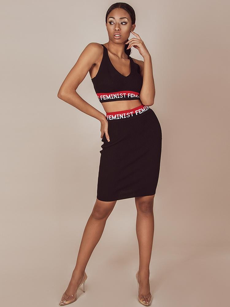 FEMINIST BLACK KNIT TOP & SKIRT SET - HOUSE OF MAGUIE     