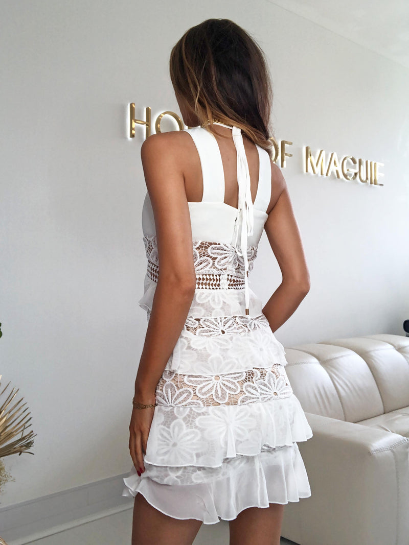 white dress, lace up dress, ruffle dress, white ruffle dress, white lace dress, lace dress, going out dress, summer dress, classy dress,