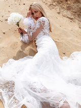 Memorable Days Embroidered Lace Long Sleeve Feather Cuff Design Wedding Dress
