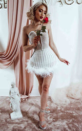 Amor White Embellished Beads & Feathers Trimmed Birthday Dress Mini