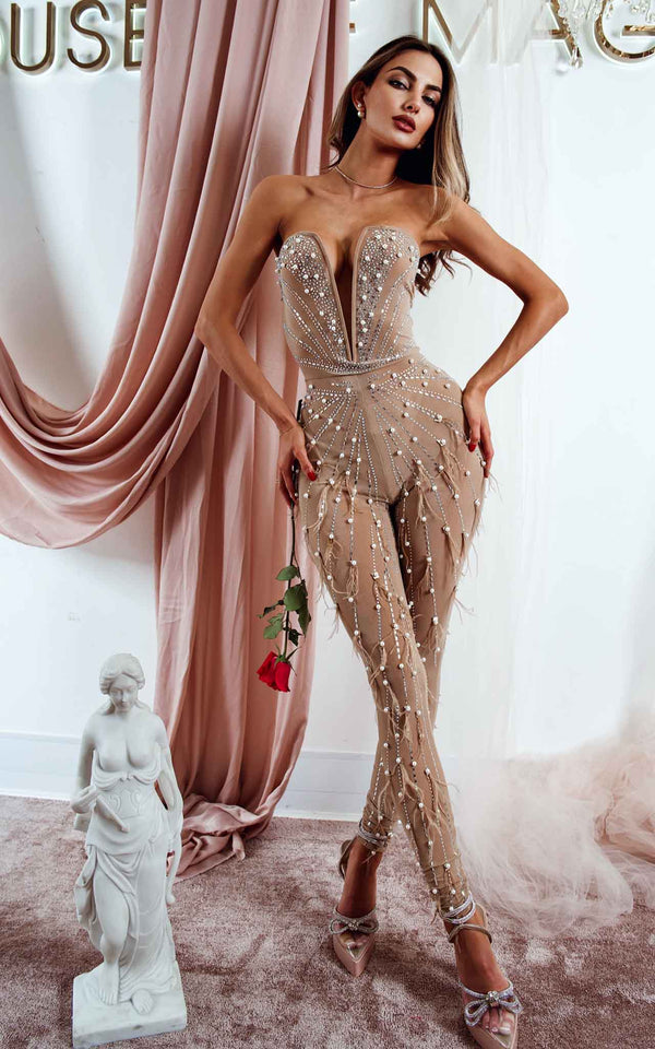 Amor Amor Skin Tan Deep Plunge Premium  Embellished Beads & Feathers Party  Jumpsuit