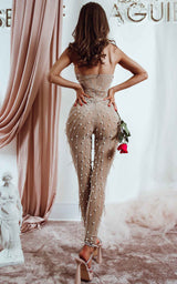 Amor Amor Skin Tan Deep Plunge Premium  Embellished Beads & Feathers Party  Jumpsuit