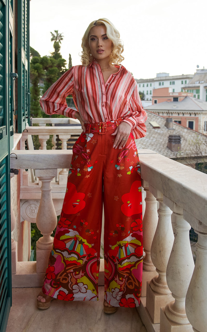 Italian Riviera Red Striped Long Sleeve Shirt & Flared Belted