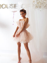 "Tan 'Make A Wish' Ballerina Birthday Party Mini Dress with layered tulle and belt, representing Pretty Lavish princess style"