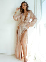 All That Glitters Rose Gold Depp Plunge Double Thigh Split Maxi Dress