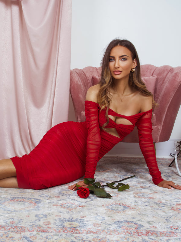 with sleeves  wedding guest outfit  wedding guest dress  storeya  ruched dress  red dress  RED  party dresses UK  party dresses  oh polly dresses  OFF THE SHOULDER  OFF SHOULDER  NIGHT OUT  NEW IN  NEW DRESSES  MIDI DRESS  MIDI  MID LENGTH  LONG SLEEVES  LONG SLEEVE