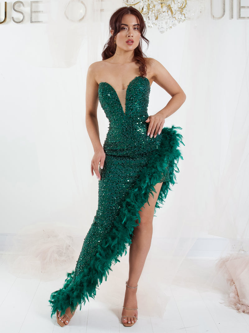 Let's Fiesta Emerald Green Asymmetrical Skirt Trimmed With Feathers Corset Sequins Maxi Dress