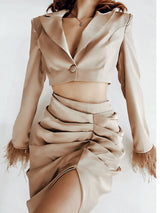 Classy It Up Skin Tan Skirt Set With Trimmed Feathers On Cuffs & Ruched Skirt