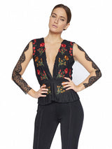 DONATELLA BLACK SHEER MESH  EMBROIDERY DEEP PLUNGE TOP - HOUSE OF MAGUIE     