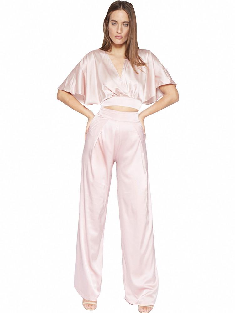 BELAMINA ROSE SATIN PLEATED PALAZZO TROUSERS - HOUSE OF MAGUIE     