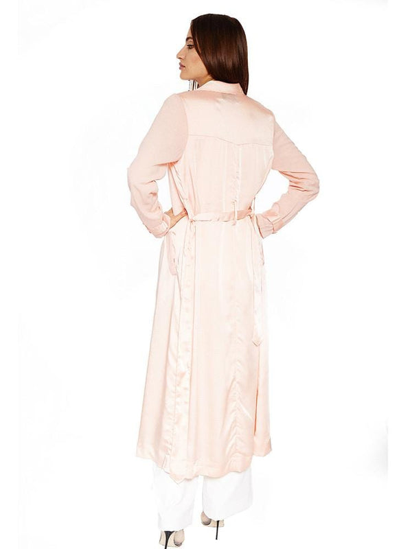 DORIANA PEACH SILK & CHIFFON DUSTER COAT - HOUSE OF MAGUIE     