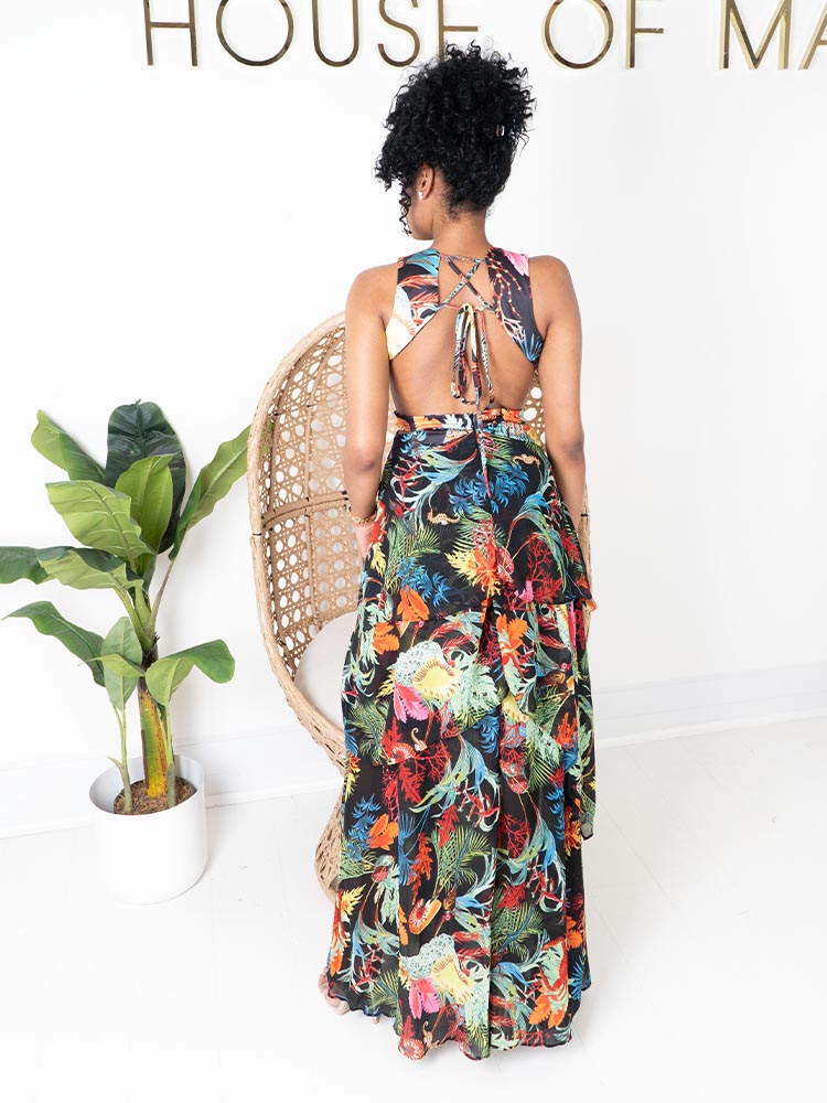 Cuba Black Tropical Print Cut Out Belted Open Back Maxi