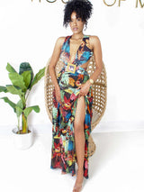Cuba Black Tropical Print Cut Out Belted Open Back Maxi