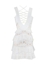 AMORA WHITE RUFFLE SKIRT LACE UP DESIGN CHIFFON & LACE DRESS - HOUSE OF MAGUIE     