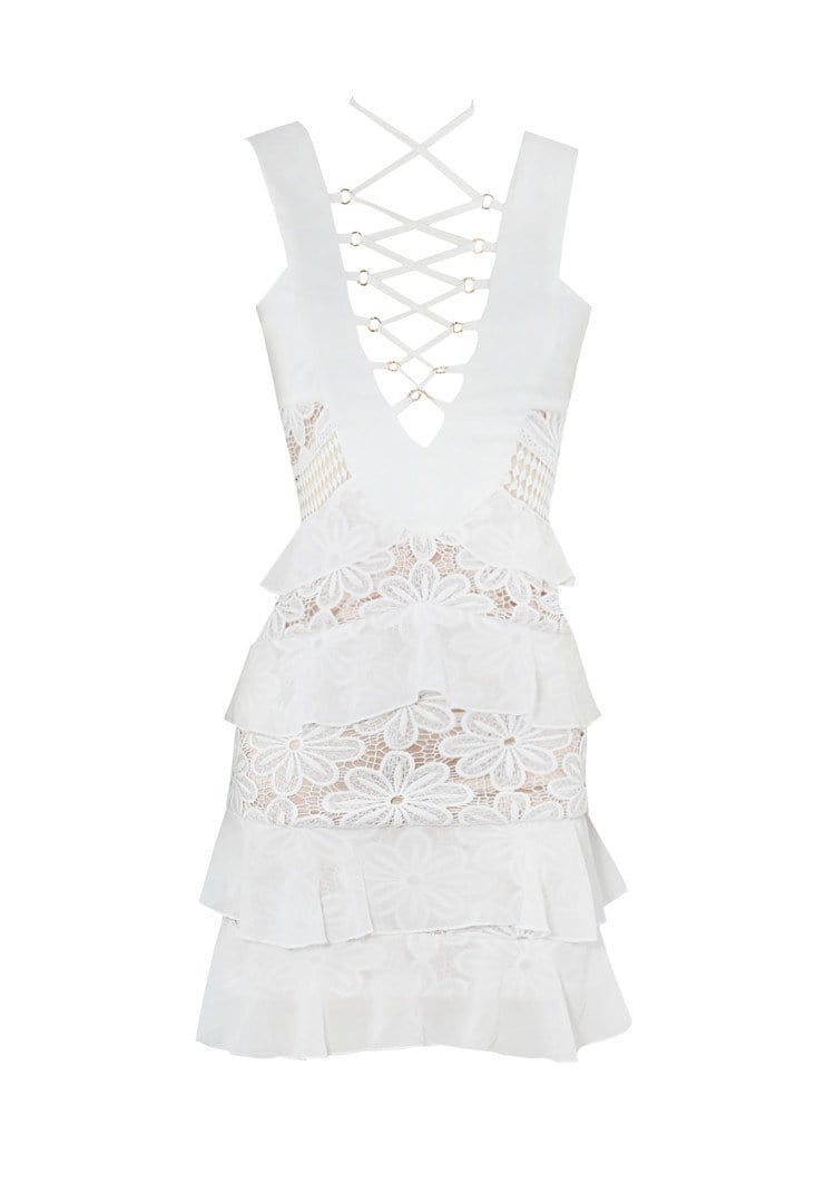 Amora White Ruffle Skirt Lace Up Design Chiffon & Lace Dress – HOUSE OF ...