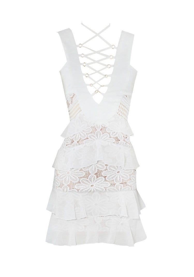 AMORA WHITE RUFFLE SKIRT LACE UP DESIGN CHIFFON & LACE DRESS - HOUSE OF MAGUIE     