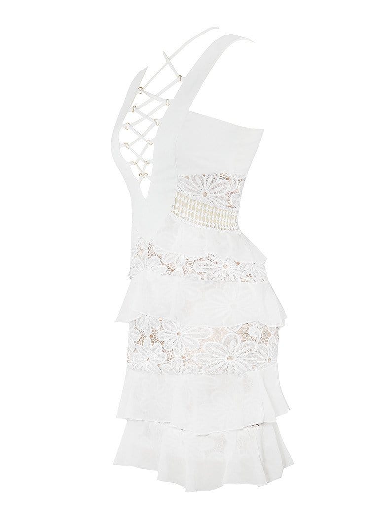 AMORA WHITE RUFFLE SKIRT LACE UP DESIGN CHIFFON & LACE DRESS - HOUSE OF MAGUIE     