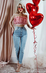 Hearts in Love Red Doted Pleated Strapless Top
