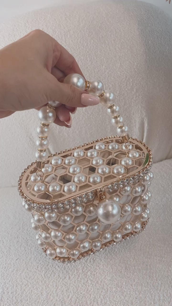 Rhinestones Big Pearls Metal Cage Clutch, White / L13 x W13 x H15cm